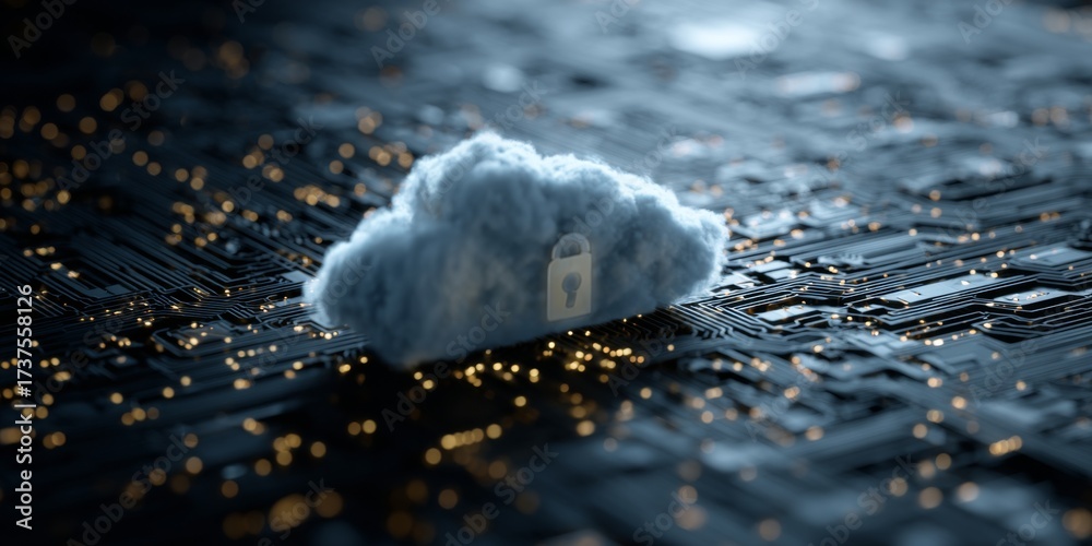 Wall mural digital cloud storage security concept with lock and data network visualization for technology and c