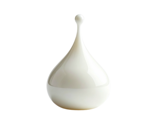 A glossy white droplet sculpture, smooth surface, isolated on black, with a sphere on top