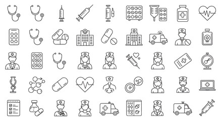 Collection of Medical Icons Healthcare Medicine and Treatment Symbols.