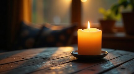 A single illuminated candle rests on a rustic wooden table, bathed in the warm glow of evening light, creating a tranquil and peaceful atmosphere