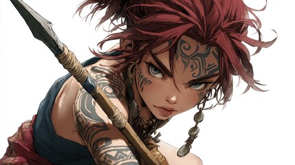Fierce woman, red hair styled, stares intensely, tattoos covering face/arm, spear held, ready for action