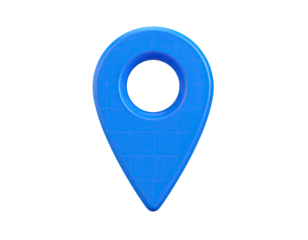 Shiny blue location pin, rendering a 3D-like effect, isolated on black