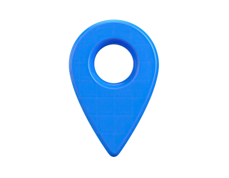 Shiny blue location pin, rendering a 3D-like effect, isolated on black