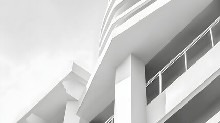 Fototapeta premium Perspective shows architectural details with the bright white building material under a clear sky; a modern, minimalist design featuring geometric shapes of beams and pillars with a sense of depth.