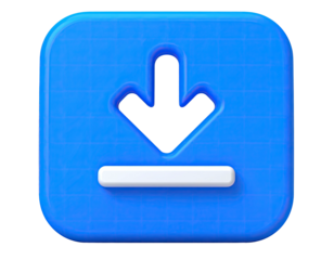 Blue 3D render of a download icon, arrow pointing downwards, floating