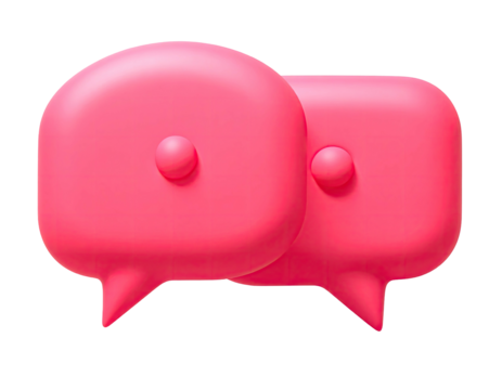 Two 3D pink chat bubbles with small connecting dots on a black background