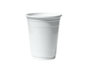 A tall white disposable drinking vessel, with ribbed texture, against a black backdrop