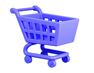 A 3D-rendered, stylized purple shopping cart isolated against a black background