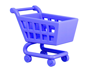 A 3D-rendered, stylized purple shopping cart isolated against a black background