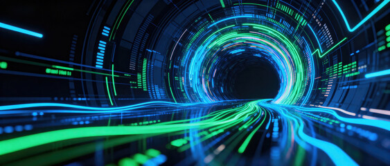 A futuristic digital tunnel filled with glowing light trails and advanced tech elements representing digital flow and technology.