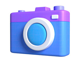 3D camera icon, colorful design in blue, purple, and white, on a black background