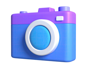3D camera icon, colorful design in blue, purple, and white, on a black background