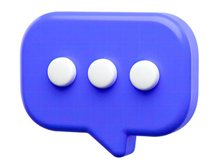 A glossy, blue 3D speech bubble with three white dots, isolated on black