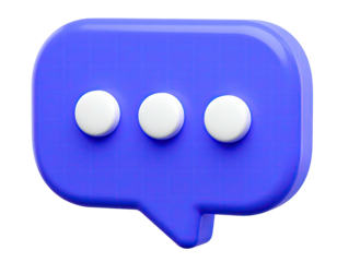 A glossy, blue 3D speech bubble with three white dots, isolated on black