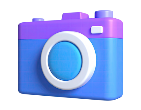 3D camera icon, colorful design in blue, purple, and white, on a black background