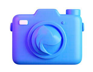 Blue stylized camera icon with rounded edges, glowing accents, and a dark background