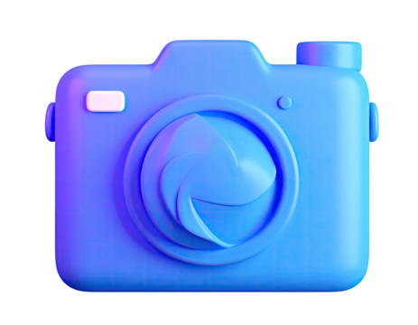 Blue stylized camera icon with rounded edges, glowing accents, and a dark background