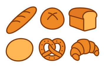 Various types of bread and baked goods displayed on a white background in simple illustrations