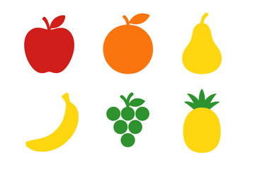 Collection of vibrant minimalist fruit icons including apple orange pear banana grapes pineapple