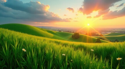 Serene Sunset Over Rolling Green Hills, Adorned with Delicate Wildflowers, Basking in the Golden Light of Day's End