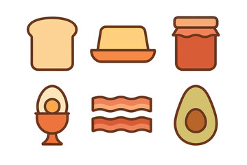 Breakfast spread featuring toast, butter, jam, eggs, bacon, and avocado for a morning meal