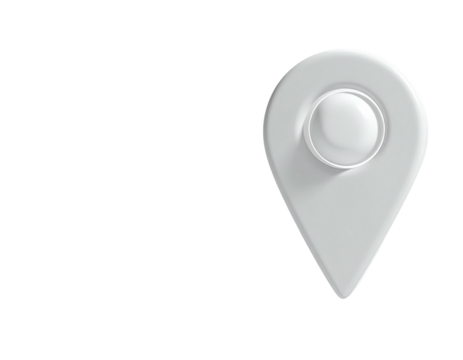 A 3D white location pin, rendered with shadows against a black background