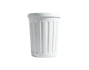 A clean, white waste bin against a black background, ribbed with a lid