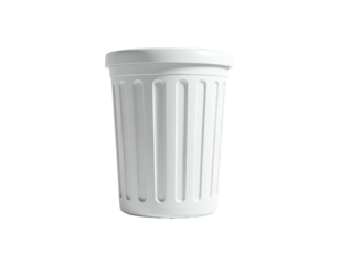 A clean, white waste bin against a black background, ribbed with a lid