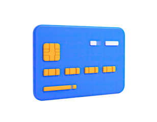 3D rendering of a blue plastic card with gold details, floating on black