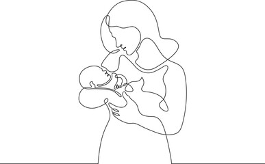 Continuous one line drawing Mother and child. A woman holding a newborn baby. Motherhood. Line art.One continuous line isolated illustration.Not AI.
