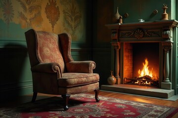 A comfortable wingback armchair sits near a warm fireplace in a vintage room with ornate wallpaper and a richly colored rug.