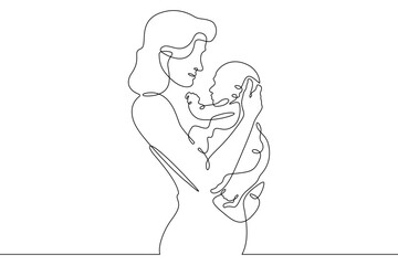 Continuous one line drawing Mother and child. A woman holding a newborn baby. Motherhood. Line art.One continuous line isolated illustration.Not AI.