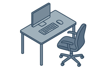 Isometric office workspace with computer monitor, keyboard, mouse, and ergonomic chair
