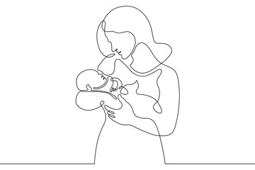 Continuous one line drawing Mother and child. A woman holding a newborn baby. Motherhood. Line art.One continuous line isolated illustration.Not AI.
