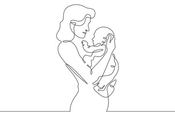 Continuous one line drawing Mother and child. A woman holding a newborn baby. Motherhood. Line art.One continuous line isolated illustration.Not AI.