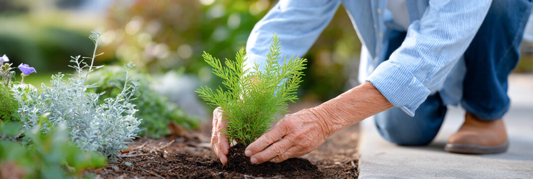 Senior man with wrinkled hands planting a young green sapling in rich soil, surrounded by vibrant flowers and lush greenery, showcasing gardening passion and nurturing nature - Powered by Adobe