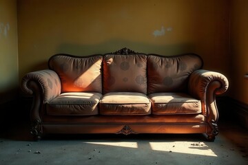 Sunlit Vintage Sofa in a Deserted Room, Showing Signs of Age and Neglect