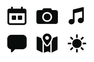Essential web and app icons set with calendar, camera, music, chat, map, and sun symbols