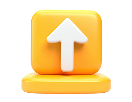 3D rendering of an upward arrow icon on a yellow rounded square and base