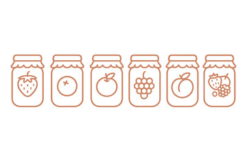 Minimalist fruit jams and preserves in glass jars with various fruits like strawberry, orange, apple, grape, peach