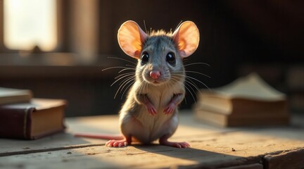 A curious small rodent, with large ears and expressive eyes, sits on a rustic wooden surface near aged books, bathed in warm sunlight