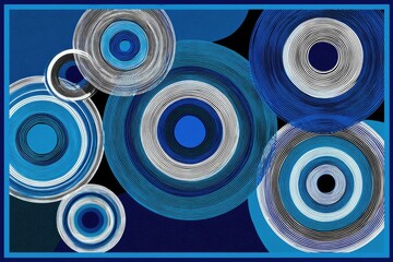 Abstract concentric circles in shades of blue and grey on a dark background, framed in light blue