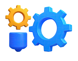 Vivid 3D gears in gold and blue, one atop a blue block, on black