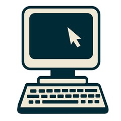 Flat vector illustration of desktop computer with keyboard and mouse cursor. Minimal design for technology and digital themes.