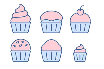 Group of sweet cupcakes with pink frosting and blue wrappers in various styles