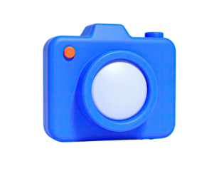 A vibrant, three-dimensional blue camera rendered against a stark black background