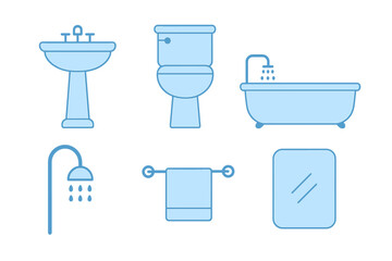 Collection of essential bathroom fixtures and accessories icons in light blue