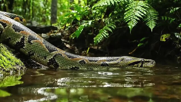 Giant Python Slithers Through Lush Jungle Waterway.