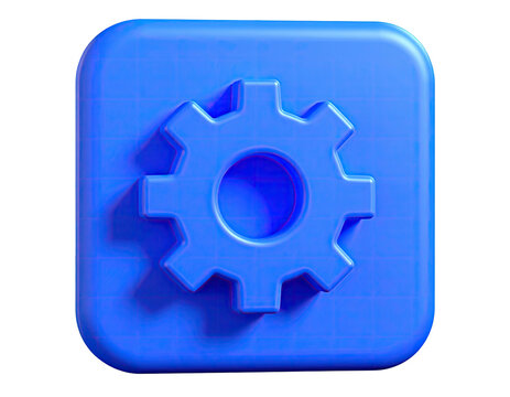 Blue 3D gear icon within a square with rounded corners, grid texture