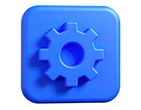 Blue 3D gear icon within a square with rounded corners, grid texture